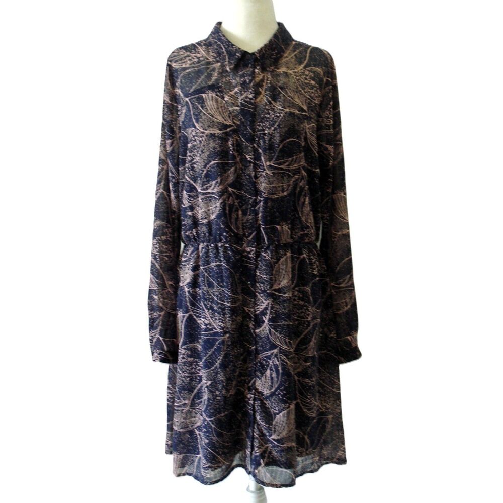 Sienna Sky Dress Size L Navy and Pink Collared Button Up Long Sleeves Lined
